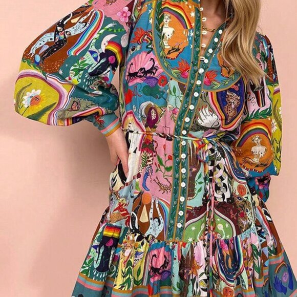 Multicolor Boho Women's Vacation Casual Retro Printed Tied Long Sleeve Dress - Picture 2 of 4